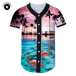 Для мужчин; гавайская рубашка пляж/Фламинго/Пальма 3d печатных кнопки летние футболки с v-образным вырезом модный бейсбольный свитер тонкий