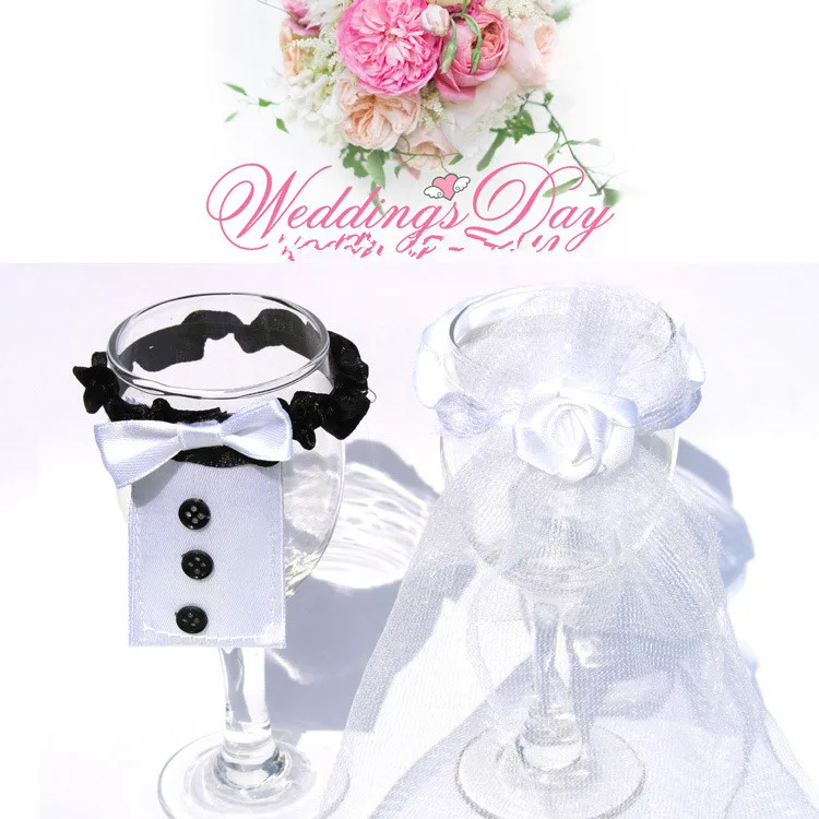 

2Pcs/Set 2019 Bridal Veil Bow Tie Bride & Groom Tux Bridal Veil Wedding Party Toasting Wine Glasses Decor Party Gifts