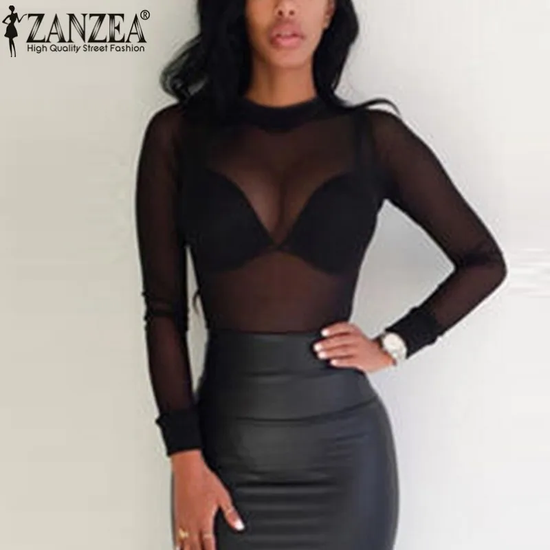 ZANZEA 2016 Sexy Women Blouses See Through Transparent Mesh Stand Neck Long Sleeve Sheer Blouse Shirt Ladies Tops Tee Plus Size