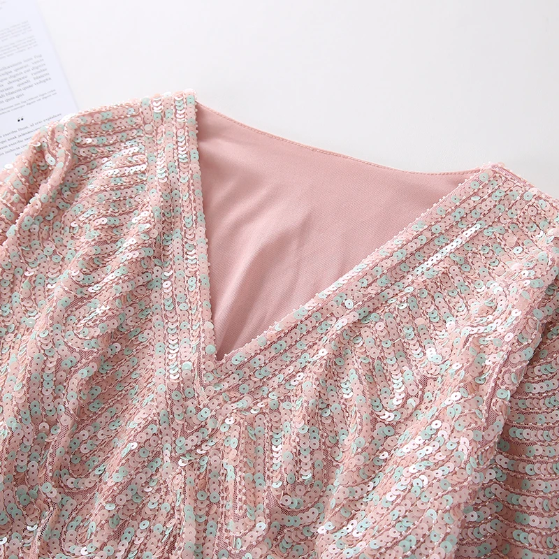 Colors Ruffles Sequined Beading Women Luxury  Fashion V-neck Batwing Sleeve Pullovers Blouse Top 5