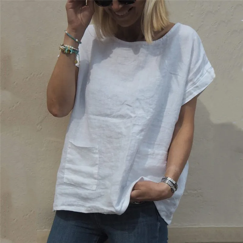 Women Blouse Ladies Solid O-Neck Short Sleeve Pockets Cotton And Linen Basic Top Blouse Womens Tops and Blouses Blusas Feminina