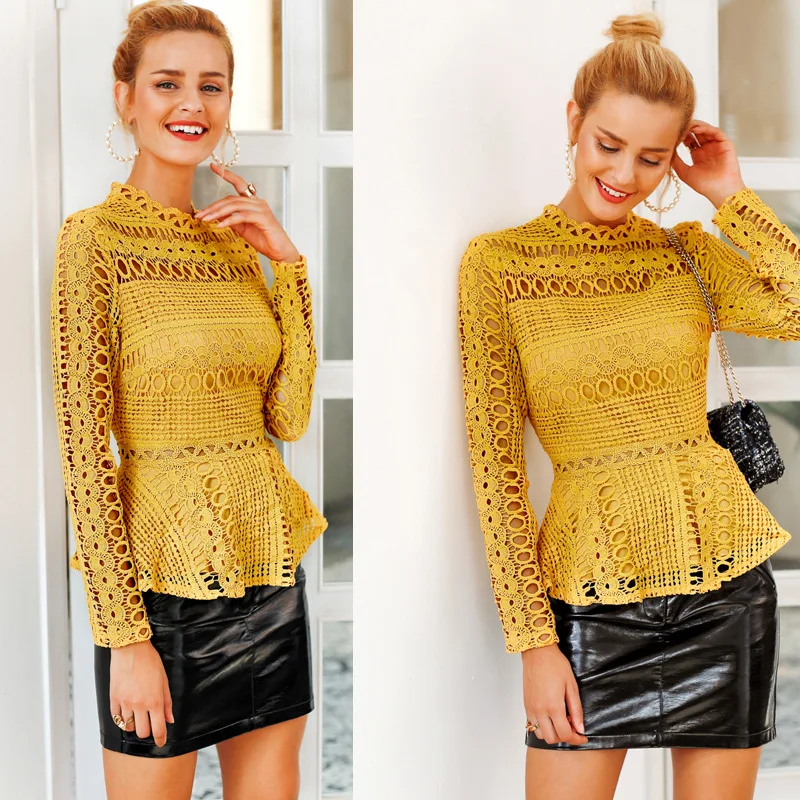 

2019 summer fashion wild shirt sweet hook flower hollow long-sleeved lace shirt casual commuter top holloware out tops