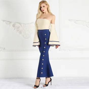 

2019 Full Patchwork Fashion Mermaid Dress Sexy Flare Sleeve Women Night Club Evening Party Strapless Bodycon Dresses Wholesale