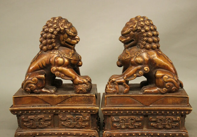 

shitou 002242 8" FengShui Chinese Bronze Folk Guard Lucky Foo Fu Dog Door Lion Statue Pair