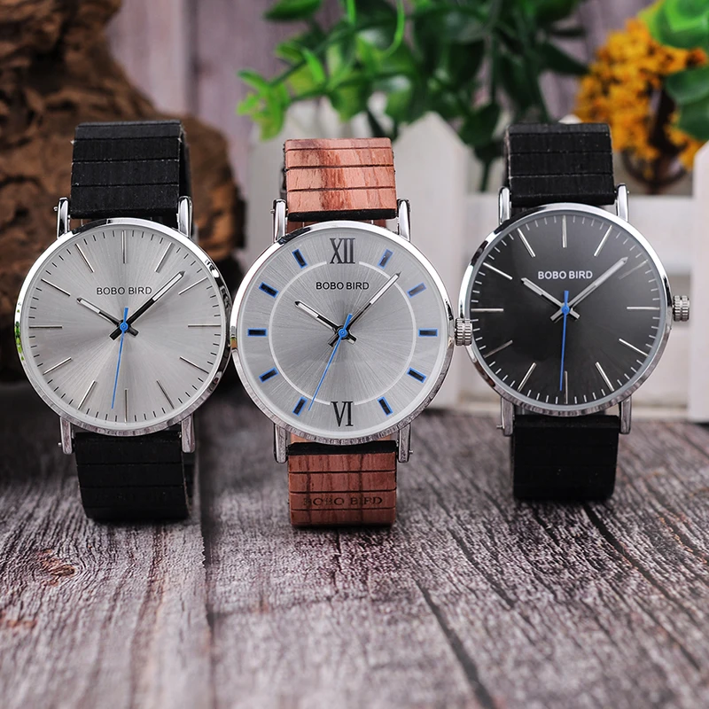 BOBO BIRD Ultra Thin Men Watch Silver Case Classic Dial Quartz Wristwatch with Special Wood Band in Gift Box