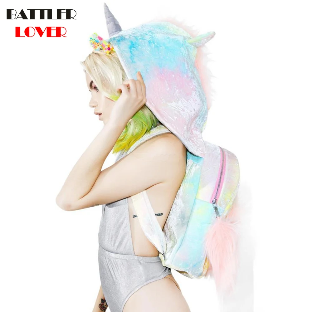 

2018 Women Hooded Unicorn Backpack Mochilas Feminina Velvet Backpack Womens Bagpack Mochila Masculina Mujer Girls School Bag
