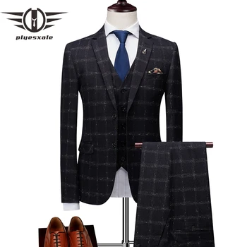 

Plyesxale Slim Fit Plaid Suit Men 2018 Blue Black Burgundy Suits For Men Brand Wedding Tuxedo For Groom Jacket Pants Vest Q180