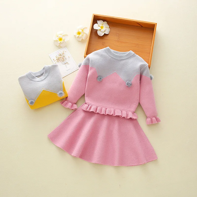 

Fall Winter Baby Toddler Girls Clothing Sets Knit Pullover Cotton Sweater + Skirt 2 Pcs Suit Children's Kids Clothes Sets CA372