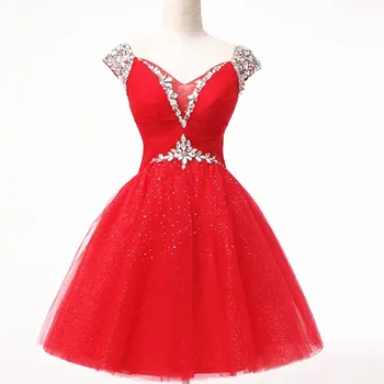 

Holievery Capped V Neck Tulle Ball Gown Cocktail Dress with Crystal 2019 Knee Length Prom Gowns Lace Up Homecoming Dresses