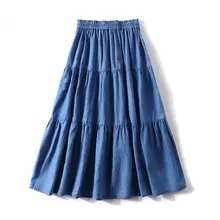 Женские плиссированные джинсовые юбки с оборкой весна осень высокая талия брендовые хлопковые юбки плюс размер 5xl 6xl 7xl винтажная юбка