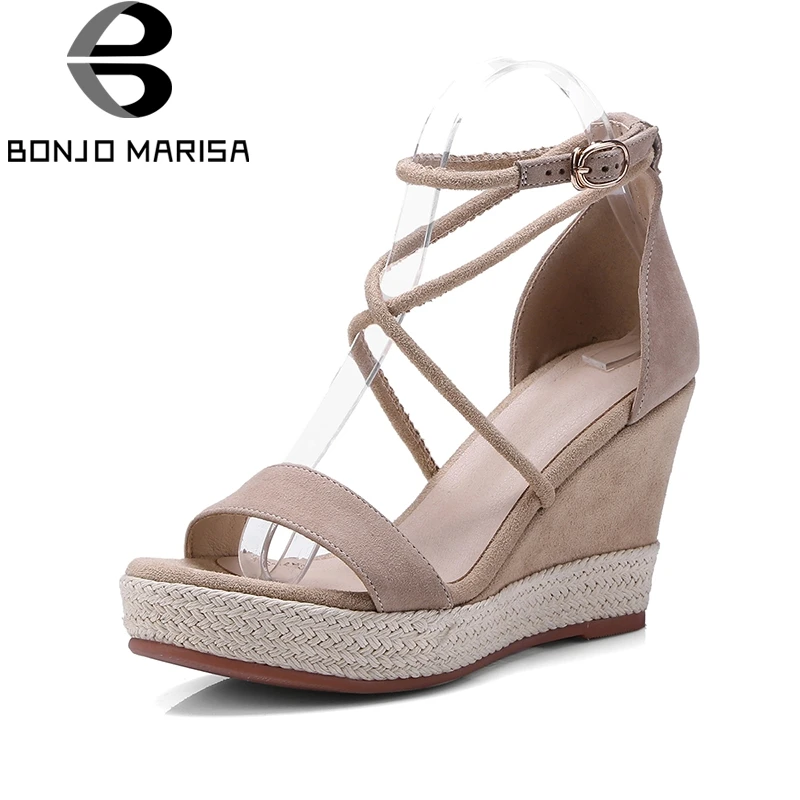 

BONJOMARISA Brand Design Kid Suede Leather Summer Sandals Shoes Woman Fashion Cross Belt Wedge High Heels Women Sandals