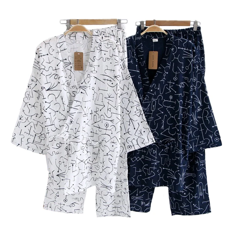 2019 New Men Kimono Sleepwear Set Cotton Robe&Pants Nightwear Suit