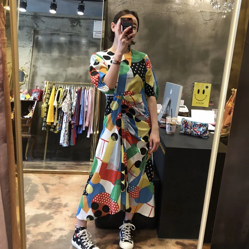 

Arty Colorful Print Irregular Dress Puff Sleeve O Neck Long Dress Robe Longue Vestido Largo Vestiti Lunga