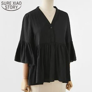 

2019 Large size women's fat solid color blouse top fashion in summer Flare sleeve V-neck Lady shirt Doll type women top 3606 50