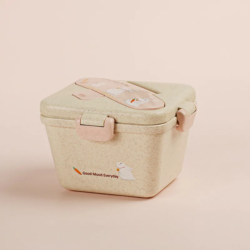 Портативный экологичный Ланч-бокс из пшеничной соломы для детей с четырьмя пряжками, водонепроницаемая коробка бэнто для микроволновой печи, контейнер для еды с ложкой - Цвет: Pink