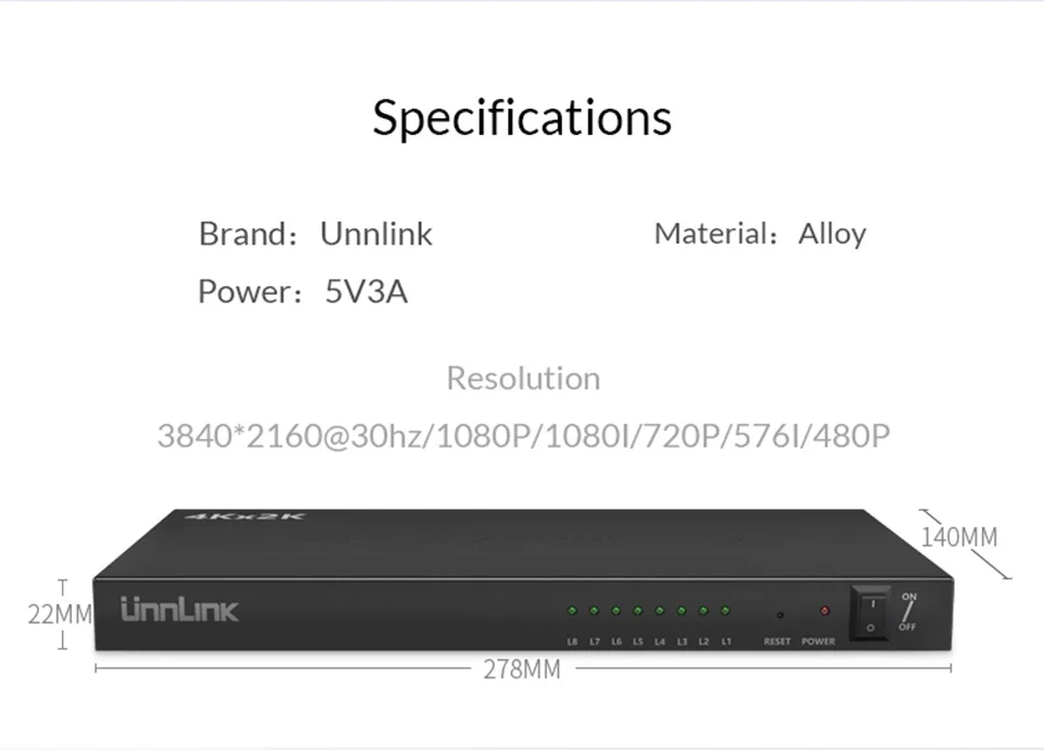 Unnlink HDMI разветвитель 1X8 UHD 4K* 2K@ 30Hz FHD 1080P@ 60Hz 3D 1 In 8 Out для компьютера Smart Светодиодный tv MI Box проектор ps3 4 монитор