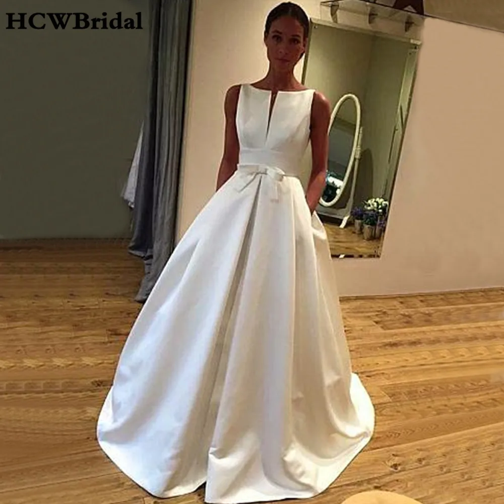 High Quality Satin Wedding Dress A Line Backless Sweep ...