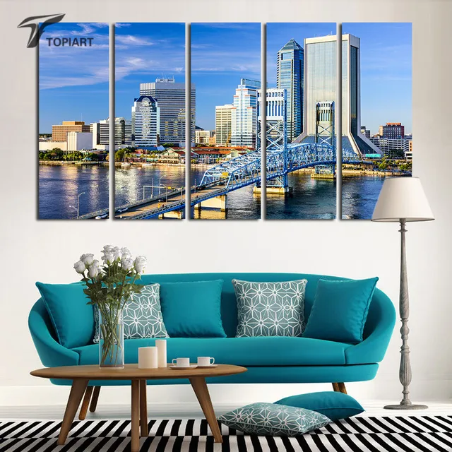 5 panel large decorative paintings jacksonville cityscape art canvas