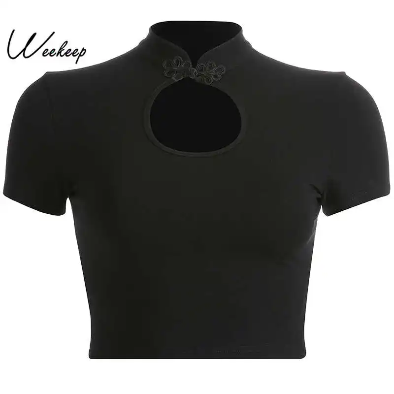 Weekeep, укороченная футболка в китайском стиле, женская черная футболка с круглым вырезом, женская футболка,, повседневный сексуальный короткий топ, футболка - Цвет: Черный
