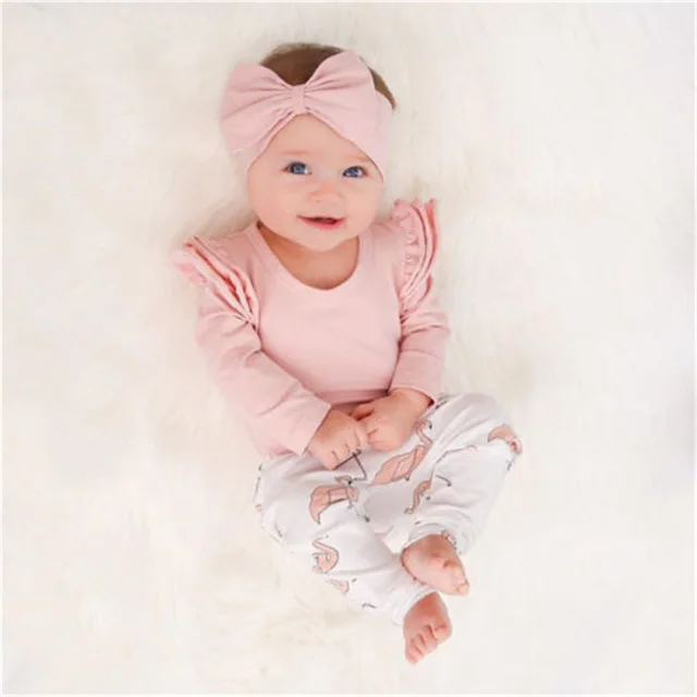 2019 Cute Baby Girl Clothes Toddler Kids Tops+Flamingo Print Pants Leggings Headband 3pcs Infant set Children Girls Clothing Set