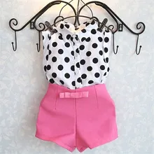 Летняя Модная рубашка в черно-белый горошек для маленьких девочек, топы, розовые короткие брюки шорты с бантом, комплект из 2 предметов