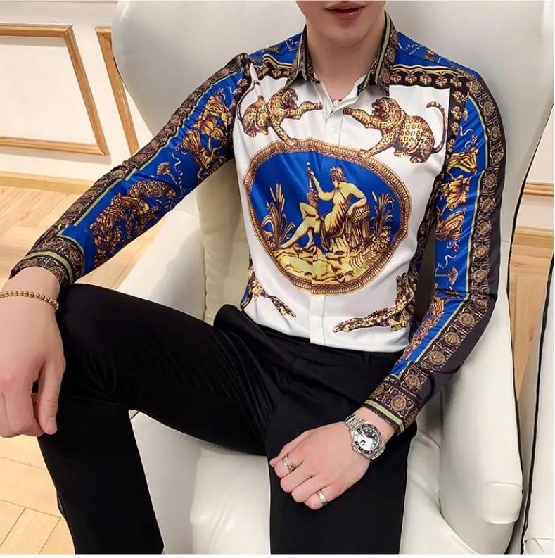 Print Shirts New Baroque Slim Fit punk style Party Club Shirt Men Camisa Homem Male Long Sleeve Shirt Oversize S-4XL