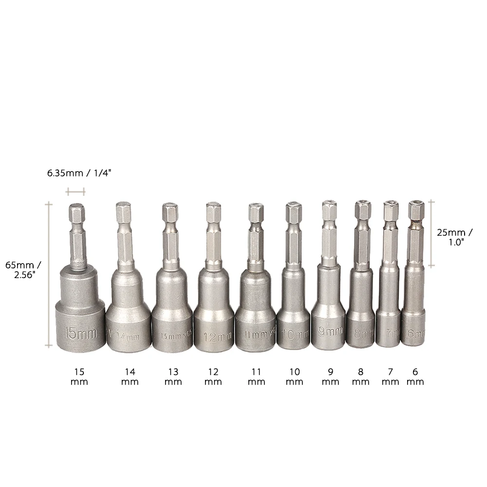 10 шт. 6-15 мм Пневматический мощный магнитный гайковерт сверла набор 65 мм 1/" шестигранный хвостовик метрический торцевой ключ Винт