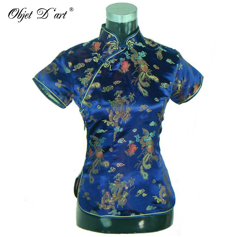 

Retro Chinese Women Cheongsam Tops Dragon Phoenix Embroidered Qipao Shirt Traditional Short Sleeves Qipao Blouse Size S-3XL