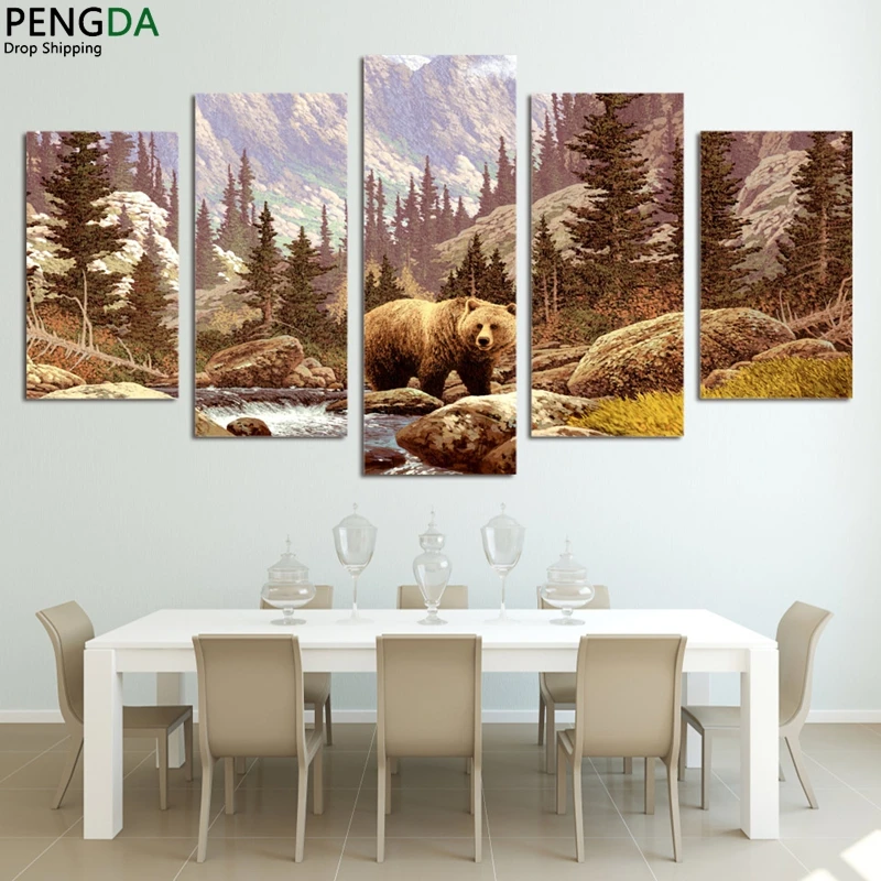 HD Printed Landscape Modular Pictures 5 Panel Wildland Forest Animal Bear Canvas Wall Art Painting Living Room Home Decor 