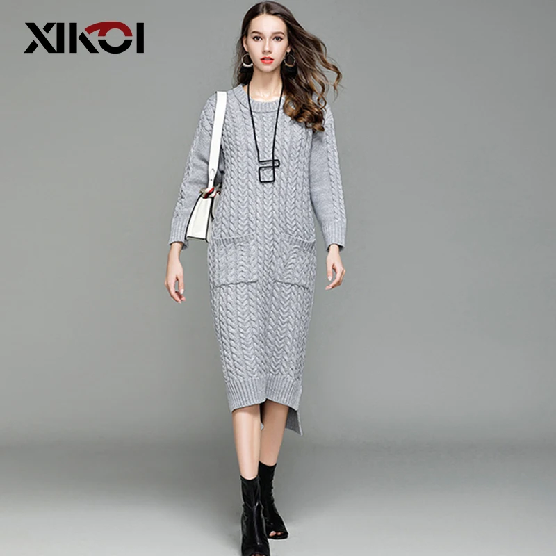 

XIKOI Autumn Women Thick Long Sweaters Dress Solid Full Sleeve Pockets Pullovers Sweater Female Warm Knitted Sweaters Dresses