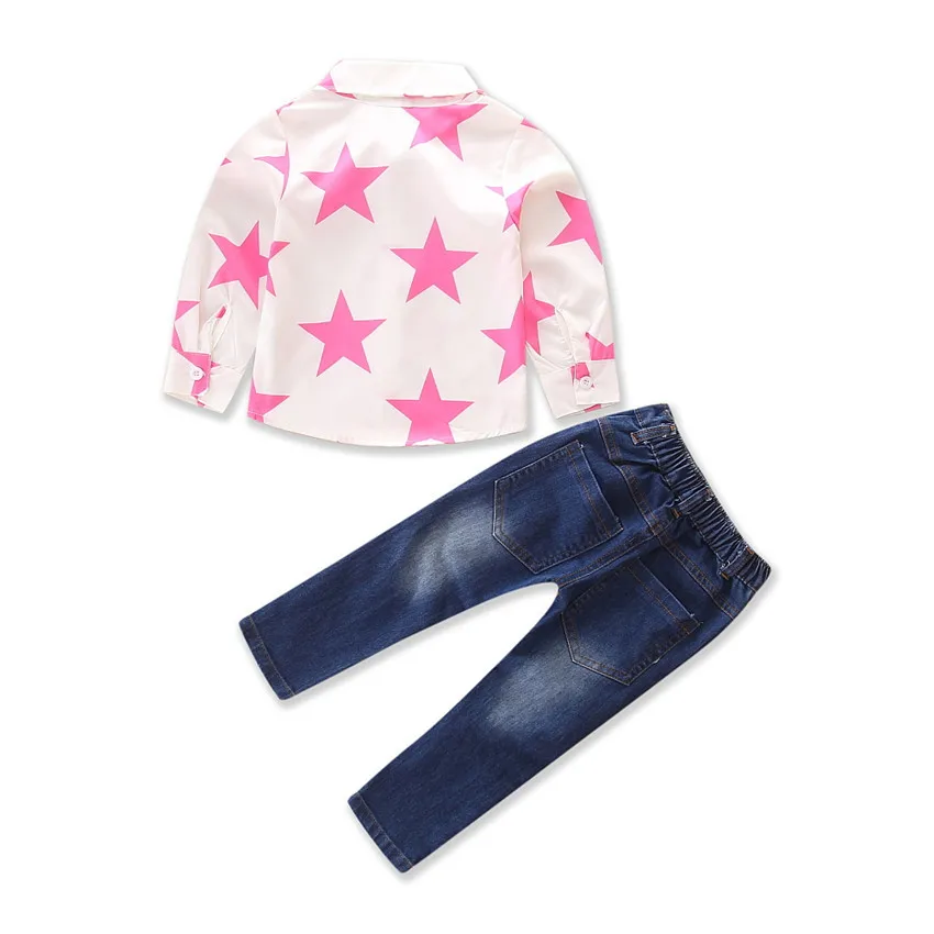 

Spring and Autumn European and American children's clothing star shirt top + broken jeans two pieces set children clothes