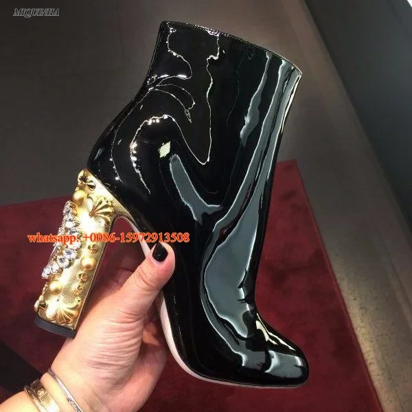 

Best selling gold crystal embellished ankle boots new year black patent leather high heel boots woman thick heels riding boot