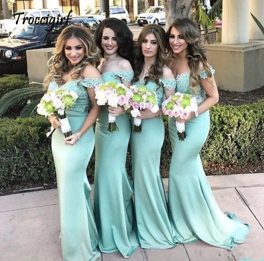 9-1      Off Shoulder Mermaid Teal Blue Lace Long Bridesmaid Dresses 2019 Lace Satin Prom Dresses Wedding Party Gowns