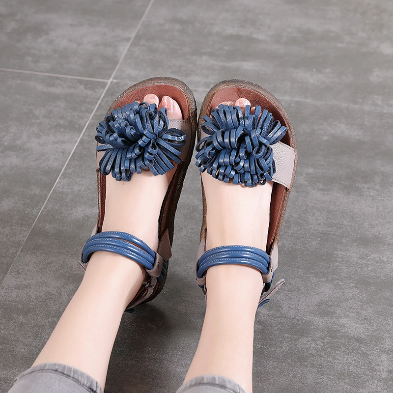 

Women' s Shoes 2018 New Arrival Women' s Sandals Natural Leather Handmade Floral Cool Summer Lady Shoes Retro Flat Shoes