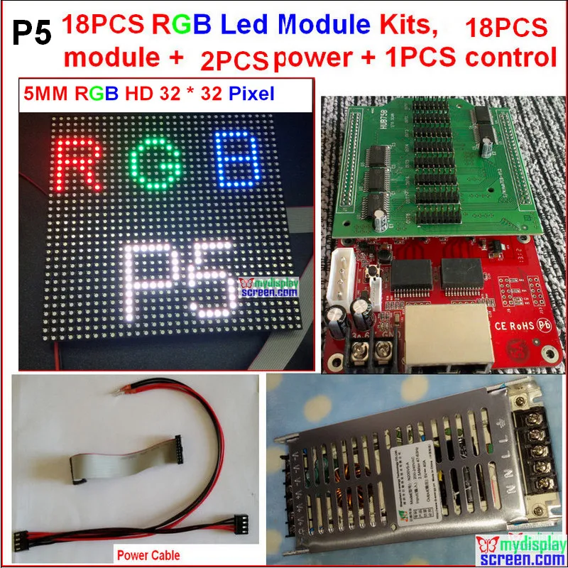 

18pcs 5mm led module kits, 18 pcs module + 2 power + 1 controller + power cable + data cables