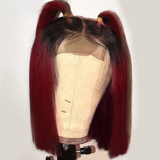 

Brazilian Ombre 1B Red Short Bob Wig Straight Blunt Cut Remy Bungundy 99j Lace Front Human Hair Wigs Pre Plucked With Baby Hair