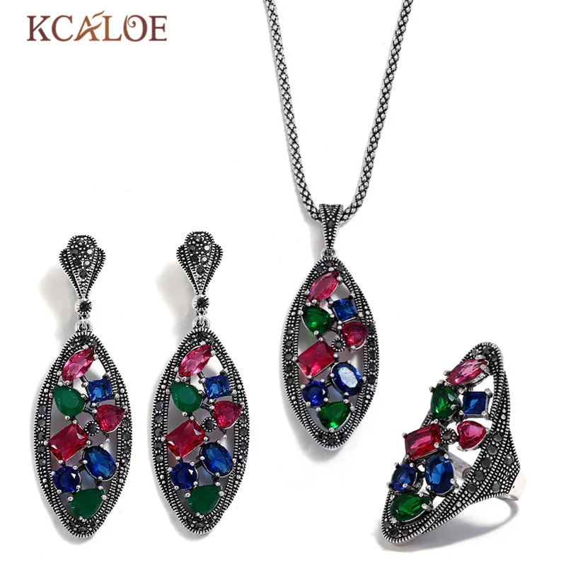 

KCALOE Colorful Austrian Crystal Big Jewelry Set Antique Silver Color Pendant Necklace Sets Black Rhinestone Women Jewellery