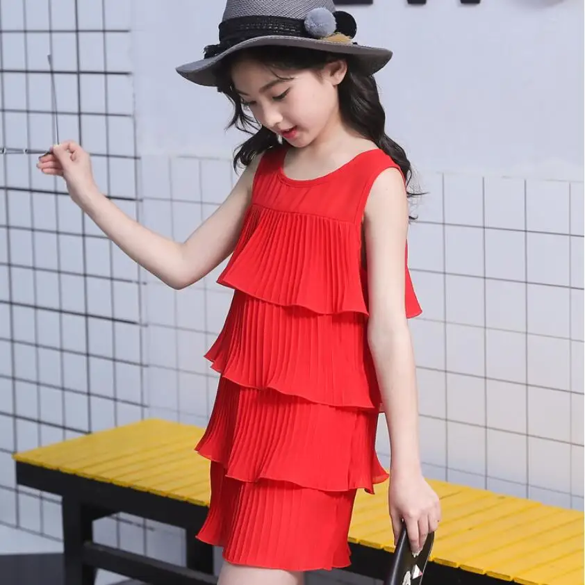 

2018 Summer White Red Yellow Girls Princess Layered Dress Kids Beach Holiday Dresses For Girl Toddler Teenage Clothes JW3590A