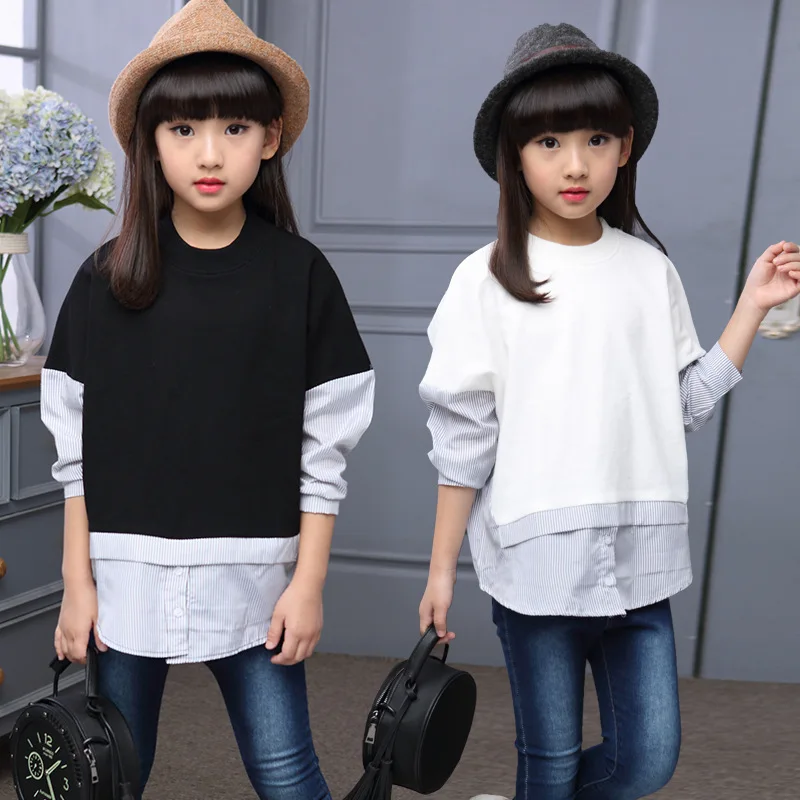 

long sleeve girls tops blouses children's fashion clothing spring 2018 striped sleeve patchwork blouse shirt girl 8 10 12 year