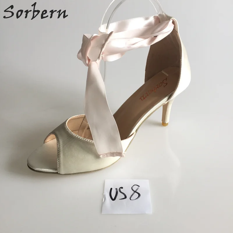 

Sorbern In Stock US8=EU38 Ivory Women Sandals Shoes With Pink Lace Up Summer Sandals Bridal Wedding Shoes Peep Toe Shoes