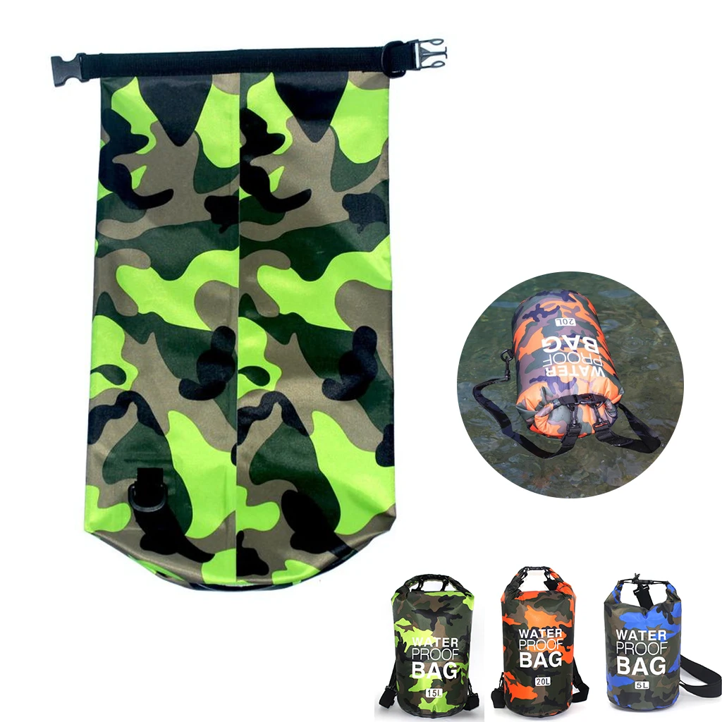 

Outdoor single shoulder waterproof bucket bag camouflage polyester PVC waterproof folding swimming storage bag 5/10/15/20 / 30L