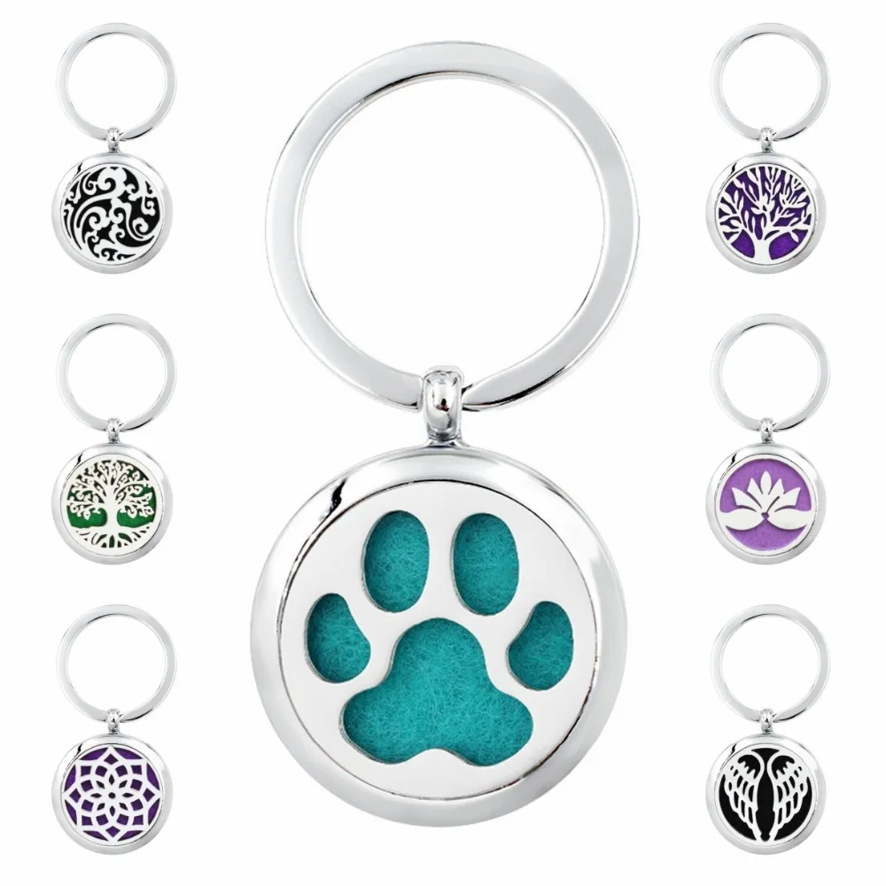 

New Arrivals Tree of Life 30mm Key Ring Keychain Essential Oil Diffuser Locket Paw footprint Aroma Perfume Locket Keyrings 5Pads