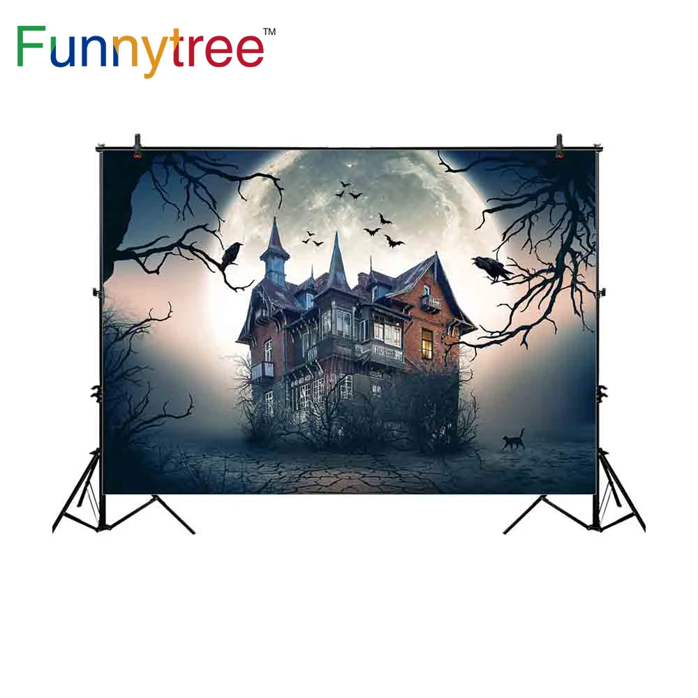 Фон Funnytree для фотостудии Хэллоуин старый замок Большая Луна сказочная ворона