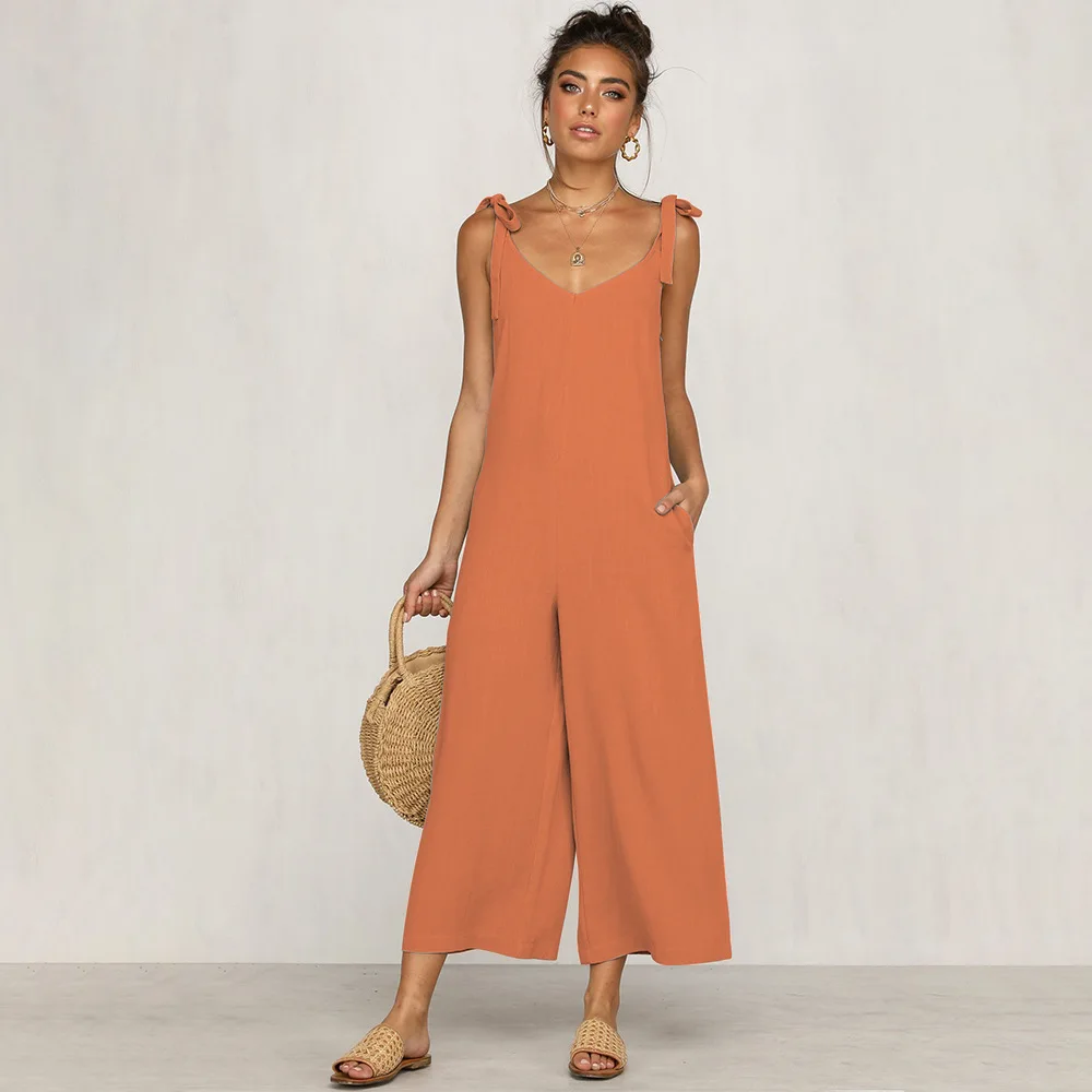 Свободный женский комбинезон без рукавов летний сексуальный повседневный комбинезон с широкими штанинами с карманами и высокой талией - Цвет: Orange