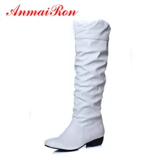 ANMAIRON/модные женские сапоги до середины икры со складками; сезон осень-зима полусапожки на плоской подошве на низком каблуке; цвет черный, белый, коричневый женская зимняя обувь