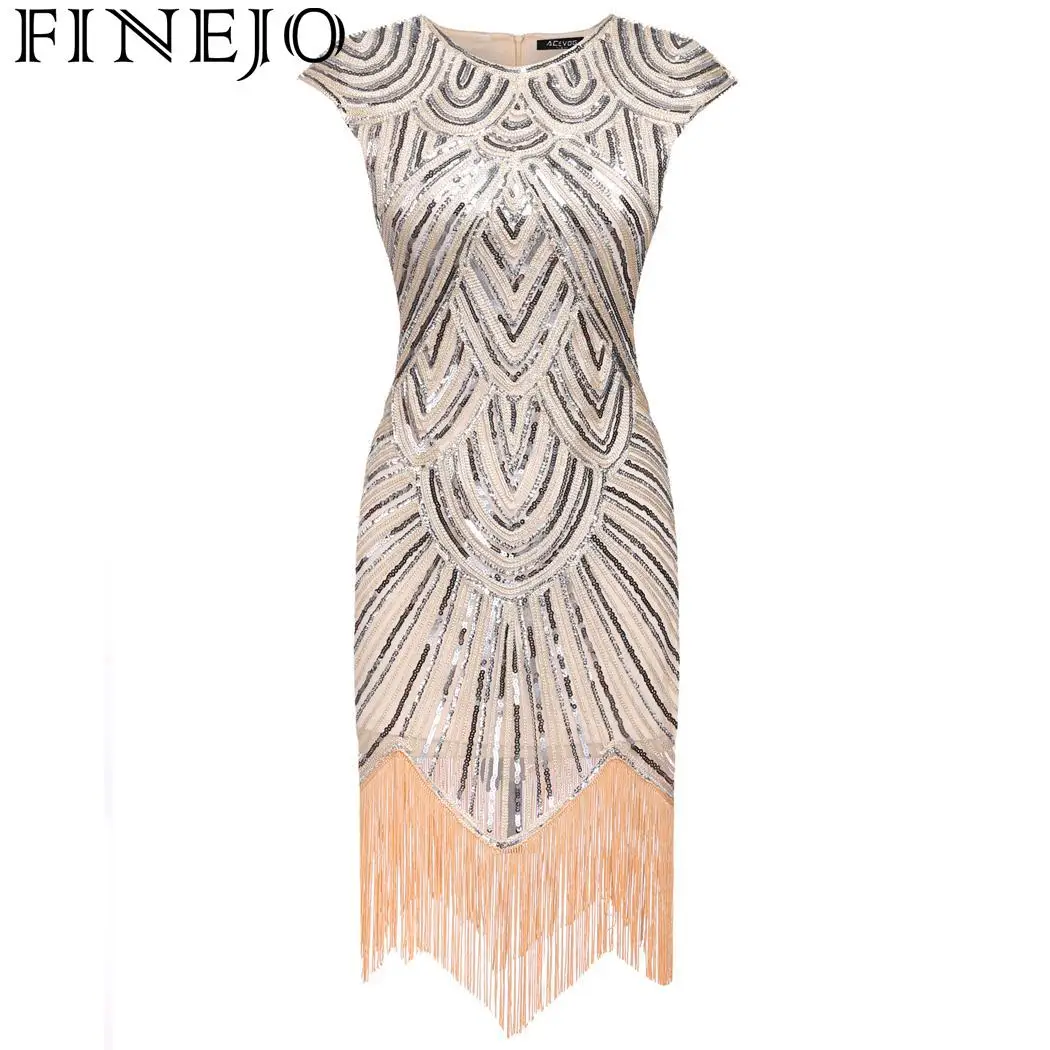 

FINEJO 1920s Flapper Great Gatsby Dress O-Neck Cap Sleeve Sequin Fringe Party Midi Dress Vestidos Verano 2018 Summer Dress