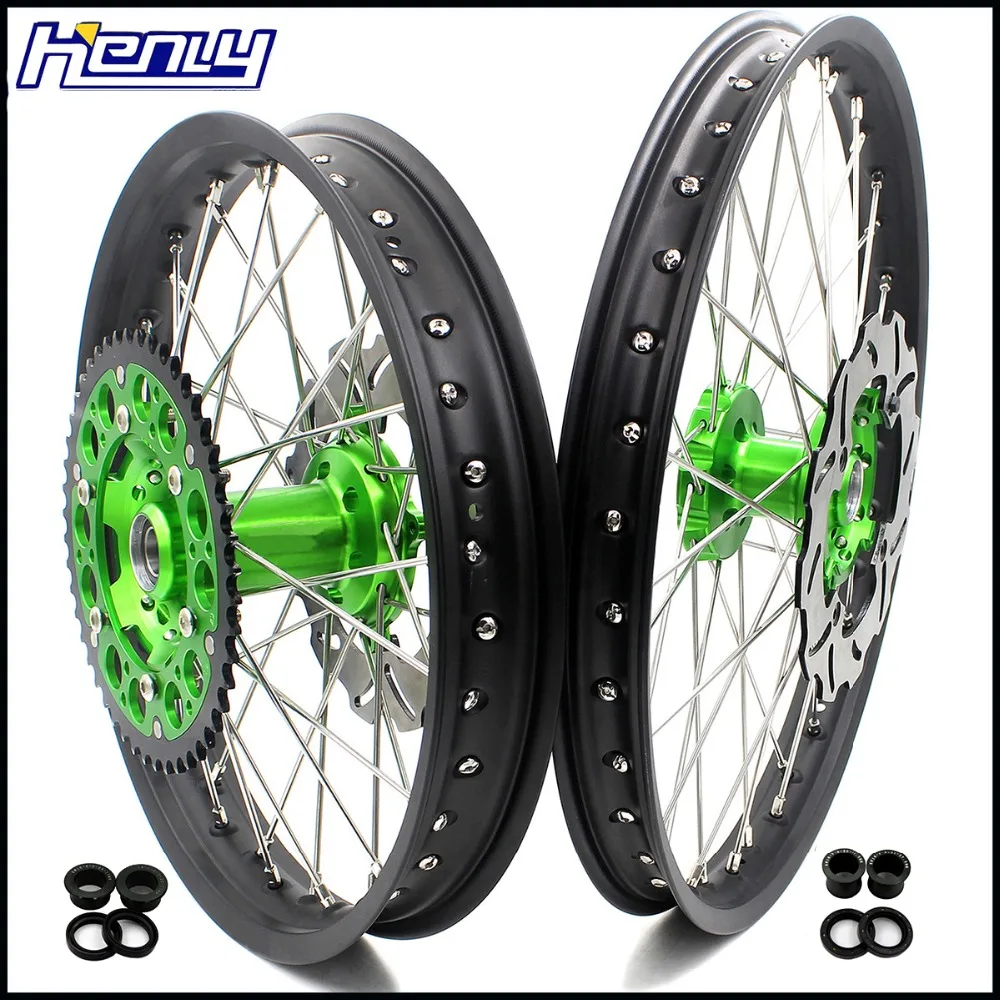 

21/18 Motorcycle Rim Complete Spoked Enduro Wheels Set For KAWASAKI KX125 KX250 1993-2002 Rear 220MM Disc Green Sprocket Rims