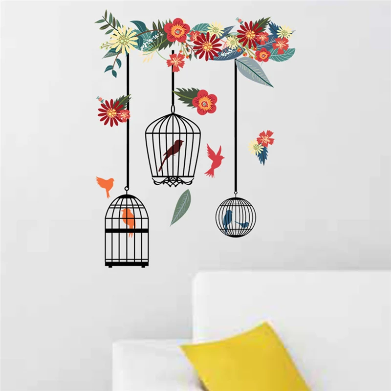 Flower Birdcage Wall Sticker Decals Flying Birds Plants Adhesive Living