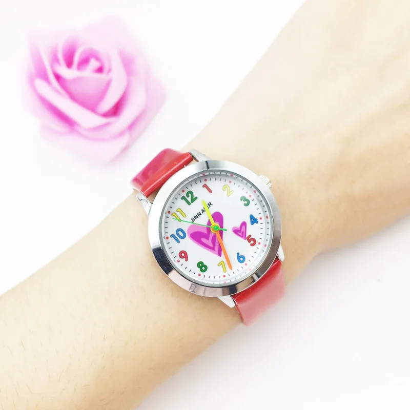 wholesale drop shipping womens wrist watches vogue leather strap colorful heart dial very cute wristwatches for kids children students clock hours best gifts (44)