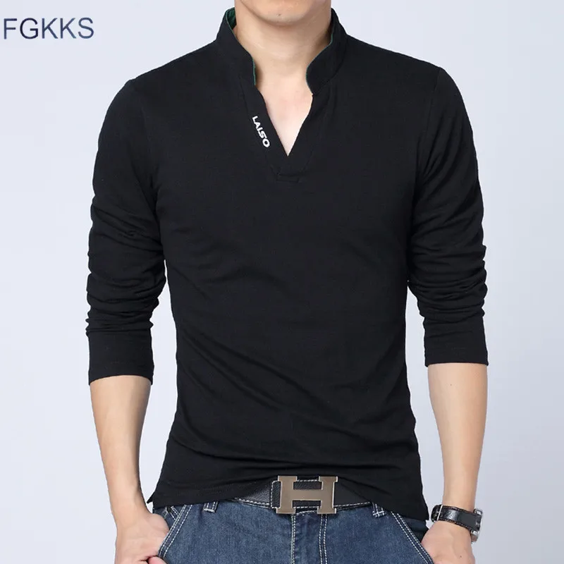 

FGKKS Fashion Brand T Shirt Male V-Neck Slim Fit Long Sleeve Casual Black Mens T-Shirt